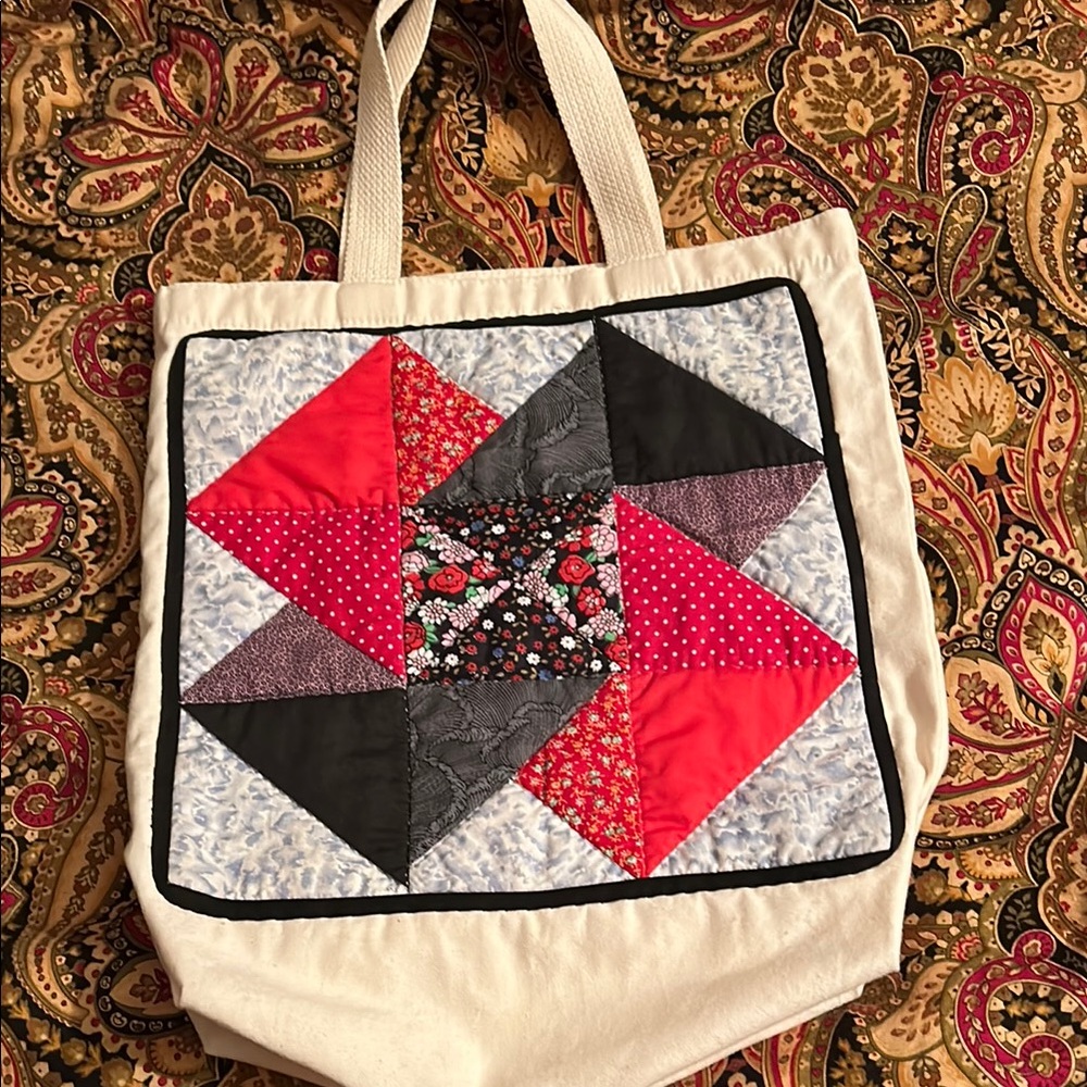 Patchwork Tote Bag with Red and Black Accents